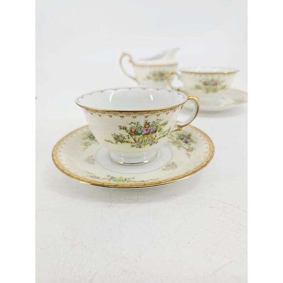 Meito Jewel Floral & Gold Pattern Set Of 2 Cups & Saucers & Creamer Japan - Picture 3 of 16